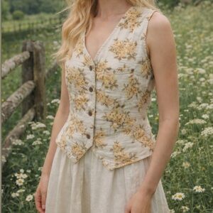 VINTAGE | Floral Linen Cottage Core Button Down Vest Tank Top Blouse Shirt Top